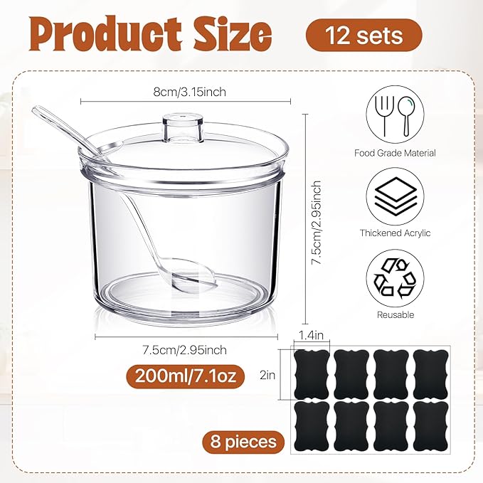 12 Pcs Acrylic Sugar Bowl with Lid and Spoon,7.1 Oz Clear Condiment Storage Pot,Sugar Jar Spices Container for Home Kitchen,Coffee Bar,Restaurant-Ruum Studio Home