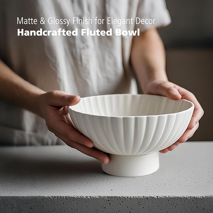 White Ceramic Fluted Decorative Bowl - 8 inch Fruit Footed Bowl for Kitchen Counter, Modern Key Pedestal Ruffle Bowl for Entryway Table & Home Organization-Fits Bread, Fruits, Salad or Popcorn-Ruum Studio Home