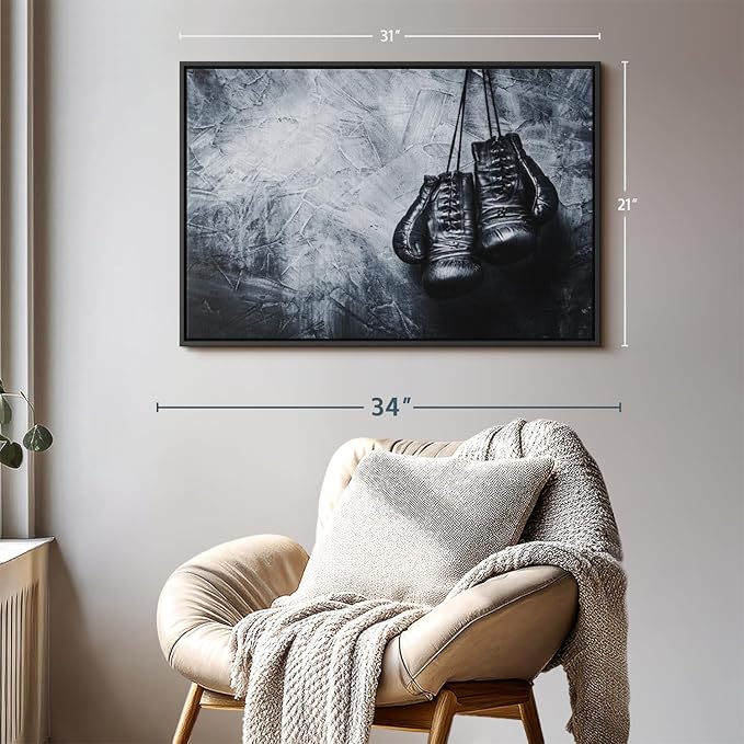 ElephantStock Boxing Gloves Wall Art - Horizontal Framed Canvas - 1-Piece Living Room Wall Decor - Photography Sports Canvas Print - Black and Gray Decor for Wall - 31" X 21"-Ruum Studio Home