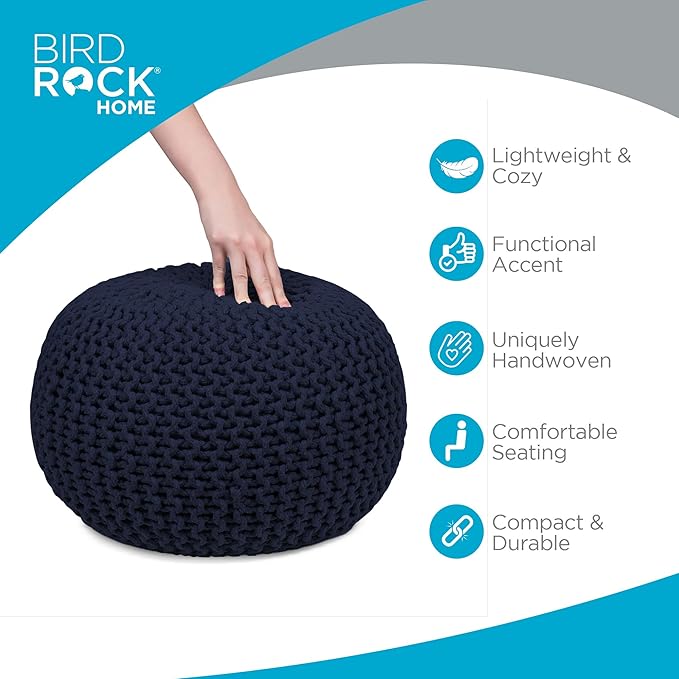 BIRDROCK HOME Round Pouf Ottoman | Cotton Braided Foot Stool with Bean Bag Filling | Boho Foot Rest for Living Room & Bedroom | Compact & Comfortable Seating, Lightweight & Soft | Navy-Ruum Studio Home