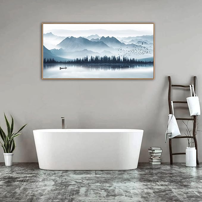 Indigo Framed Canvas Wall Art Misty Mountain Wall Pictures Foggy Lake Boat Canvas Painting Prints Forest Birds Canvas Wall Decor for Living Room Bedroom Decorations Natural Framed 24" x 48"-Ruum Studio Home
