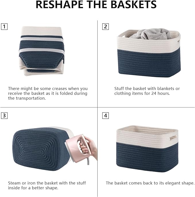 4 Pack Storage Baskets for Organizing, Woven Baskets for Shelves - Perfect for Toys, Books, Towels, and Clothes, Durable Gift Basket Bins Toy Storage, 12.7''L x9''W x7.8''H, Blue and White-Ruum Studio Home