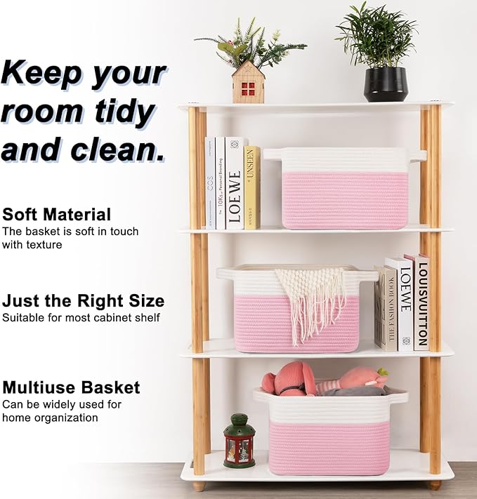 OIAHOMY 3 Pack Storage Basket for Organizing, 13''X9.85''X8.7'' Woven Storage Bins with Handles, toy organizers,Stylish Room Decor, Pink & white-Ruum Studio Home