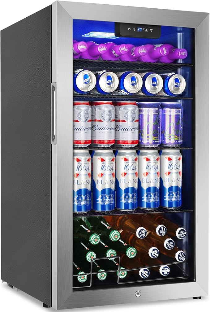 128 Cans Beverage Refrigerator Cooler, 3.2 Cu.Ft Mini Drink Fridge Glass Door for Drink Beer Soda Wine, Beer Fridge with 4 Removable Shelves for Kitchen Bedroom, Office Bar Gaming Room,Stainless Steel-Ruum Studio Home