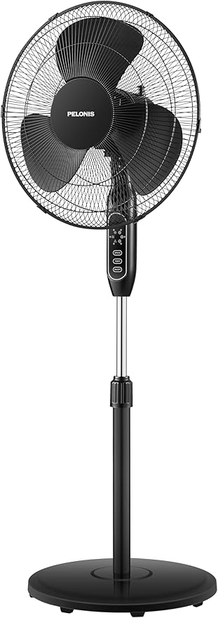 PELONIS 16'' Pedestal Fan for Bedoom, Remote, Standing Fan with 7-Hour Timer, 90° Oscillation, 3-Speeds, Adjustable Height, Electric Cooling Fans for Living Room and Office-Ruum Studio Home