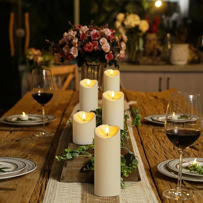 Homemory Outdoor Waterproof Flameless Candles, LED Candles, Battery Operated Candles with Remote and Timers, Electric Fake Plastic Pillar Candles, Ivory White, D3 H4 5" 6" 8" 8", Set of 5-Ruum Studio Home