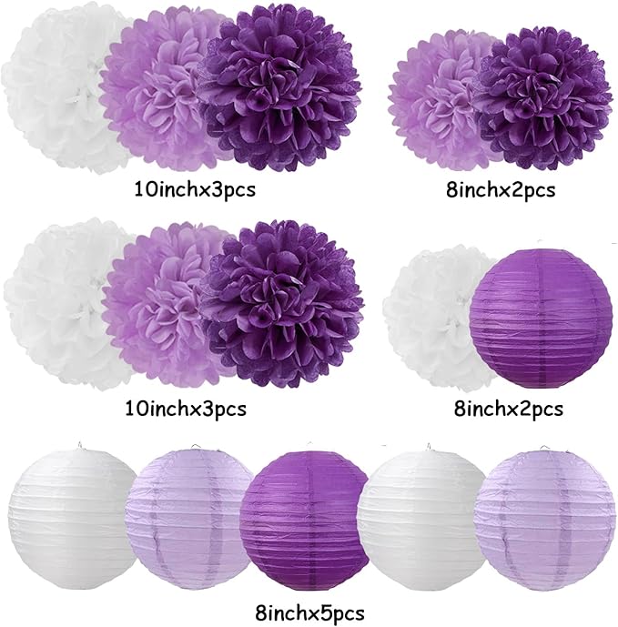 Purple-White Lavender Party Decorations Paper Flowers Lanterns - 15PCS Birthday Graduation Tissue Pom Poms Streamers, Baby Bridal Shower Wedding Retirement Bachelorette Hanging Supplies Decor Hugfond-Ruum Studio Home