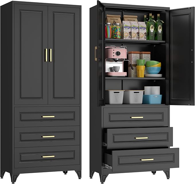 75" Kitchen Pantry Cabinet, Metal Storage Cabinets with Doors and Adjustable Shelves, Black Tall Pantry Cabinet with 3 Drawers for Dinning Living Room-Ruum Studio Home