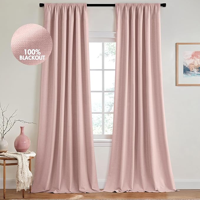 MIULEE 100% Blackout Curtains 120 Inch Long 2 Panels for Bedroom, Thick Luxury Faux Linen Black Out Curtain Room Darkening Back Tab Pleat Window Textured Drapes with Hooks for Living Room, Baby Pink-Ruum Studio Home