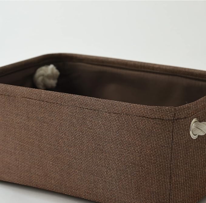 TheWarmHome Small Fabric Canvas Storage Bin with Cotton Rope Handles - Foldable Empty Basket for Gift (Brown-1 Pack,11.8L7.9W5.2H inch)-Ruum Studio Home