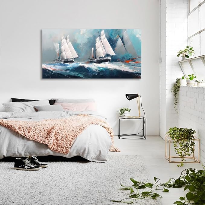 RUISHI Ocean Wall Art For Living Room Abstract Sailboat Canvas Nautical Painting Teal Blue Textured Print Coastal Themed Picture Artwork for Bedroom Bathroom Home Office Decoration 40L x 20W-Ruum Studio Home