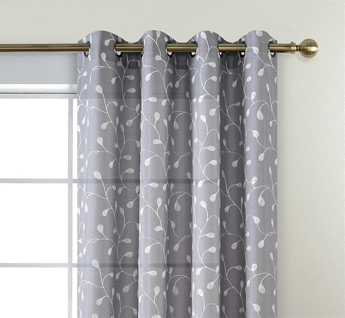 MIUCO Floral Embroidered Semi Sheer Curtains Linen Look Grommet Curtains for Living Room 52 x 84 Inch Set of 2, Grey-Ruum Studio Home