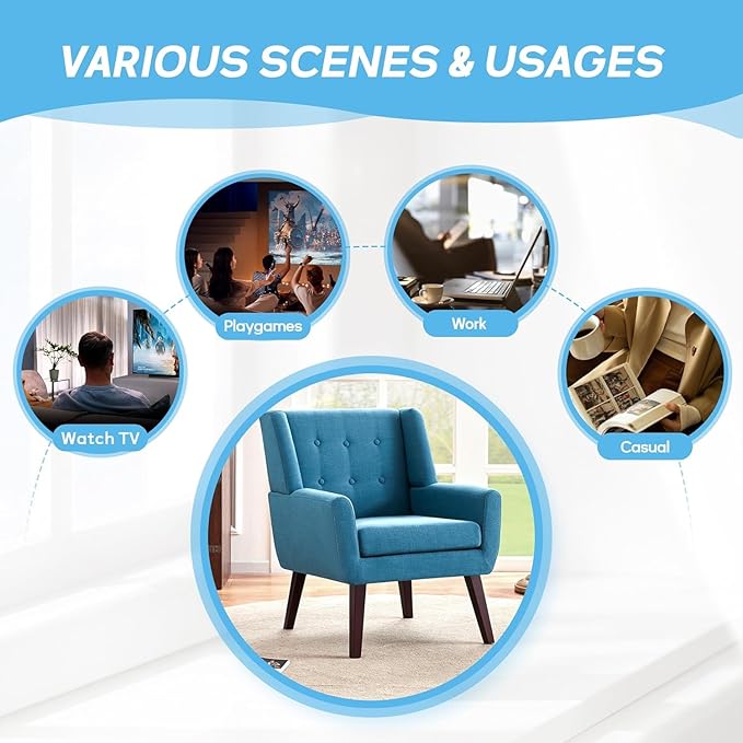 HUIMO Accent Chairs Set of 4, Upholstered Button Tufted Armchair, Linen Fabric Sofa Chairs for Bedroom, Living Room, Mid Century Modern Comfy Reading Chair (Lake Blue)-Ruum Studio Home