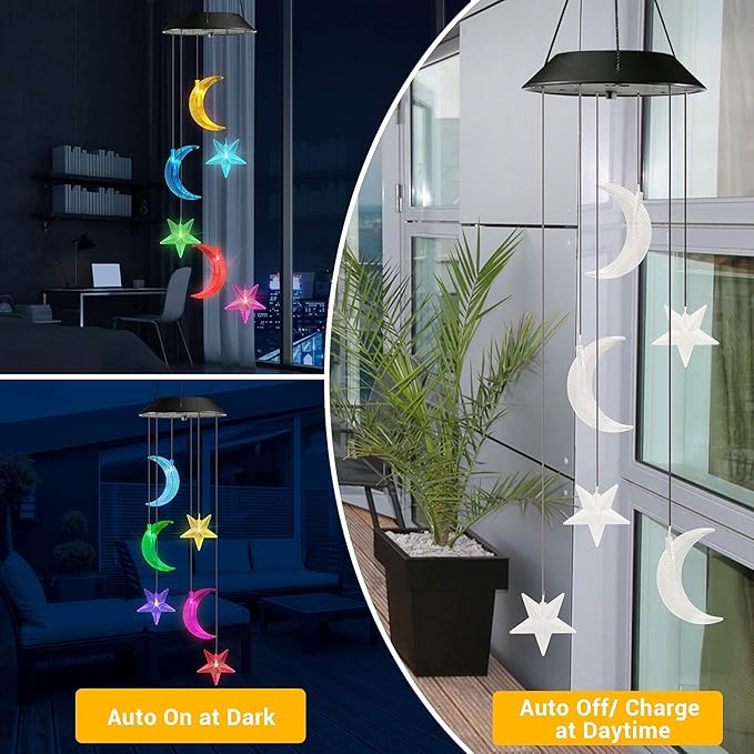 Toodour Solar Wind Chimes, Color Changing Wind Chimes Moon and Star, LED Decorative Mobile, Gift for Mom Grandma, Waterproof Outdoor Moon Star Light for Garden, Patio, Yard, Window Outdoor Decor-Ruum Studio Home