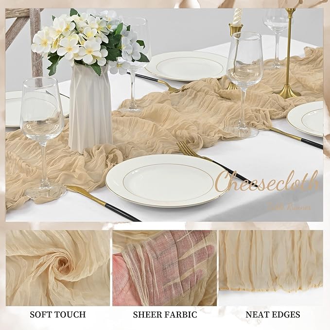 Sand 20 Pack 10FT Cheesecloth Table Runner 20 x 120 Inch Long Rustic Gauze Cheese Cloth Table Runner for Wedding Bridal Baby Shower Table Decorations Boho Fabric Sheer Birthday Party Table Decor-Ruum Studio Home