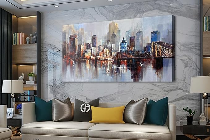 Arjun Brooklyn Bridge Wall Art Modern New York City Abstract Canvas Cityscape Painting, NYC Skyline Textured Picture for Living Room Bedroom Home Office Wall Decor Extra Large Size Framed 58"x29"-Ruum Studio Home