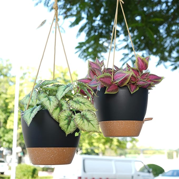 8 inch Hanging Planters, 2 Pack Self Watering Hanging Pots with 20oZ Deep Reservoir for Indoor Outdoor Plants Flowers, Black with Brown-Ruum Studio Home