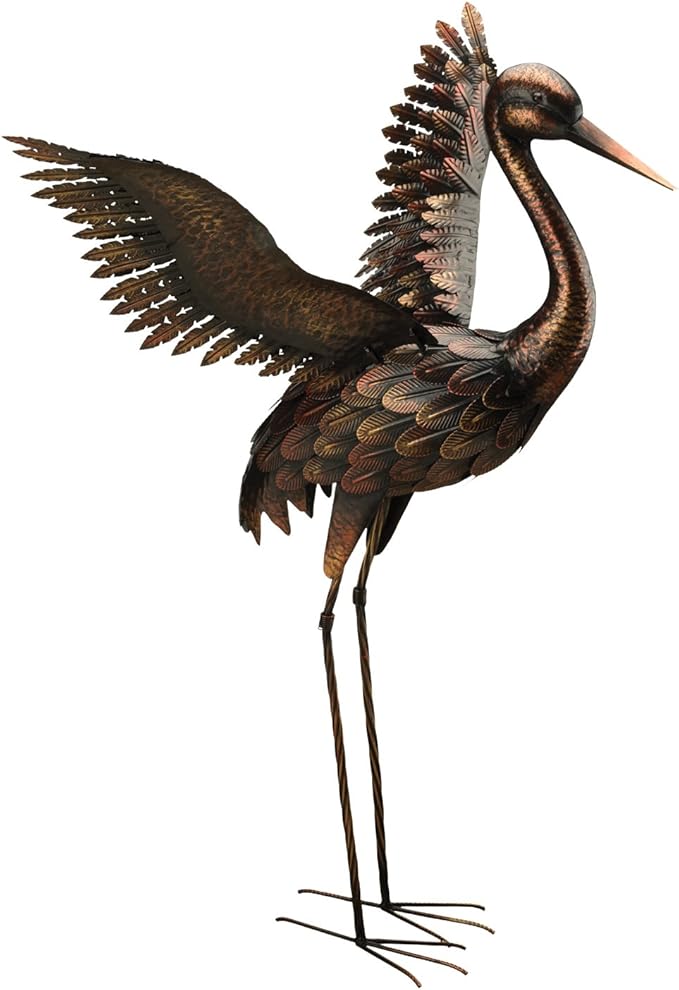 Regal Art & Gift Outdoor Garden Décor, Unique Bird Sculpture, Rustic Metal Bird Statues, Garden Ornaments, Bird Figurine for Lawn, Decorative Sculpture, Crane, Multi, Wings Down, 42" Height-Ruum Studio Home