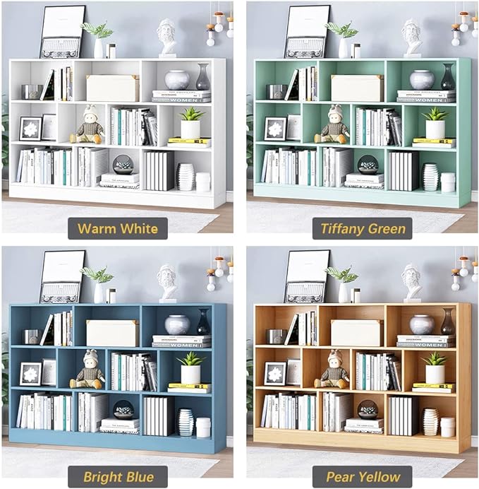 IOTXY Open Shelf Low Bookcase - Wooden 3-Tier Floor Standing Display Cabinet Organizer with Base, 10 Cubes Short Horizontal Bookshelf in Bright Blue-Ruum Studio Home