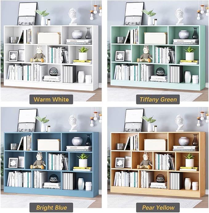 IOTXY Open Shelf Low Bookcase - Wooden 3-Tier Floor Standing Display Cabinet Organizer with Base, 10 Cubes Short Horizontal Bookshelf in Warm White-Ruum Studio Home