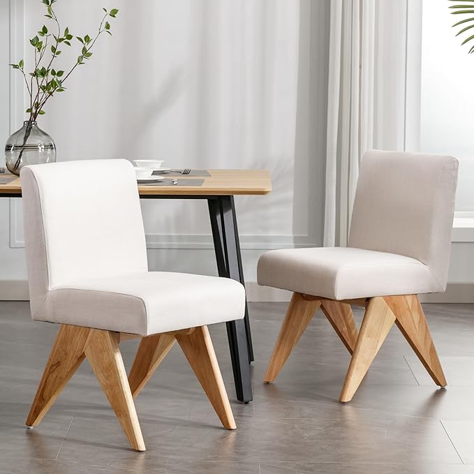 Mid Century Modern Farmhouse Dining Chairs Set of 2, Upholstered Armless Kitchen Chairs with Back and Wooden Legs, Linen Beige-Ruum Studio Home