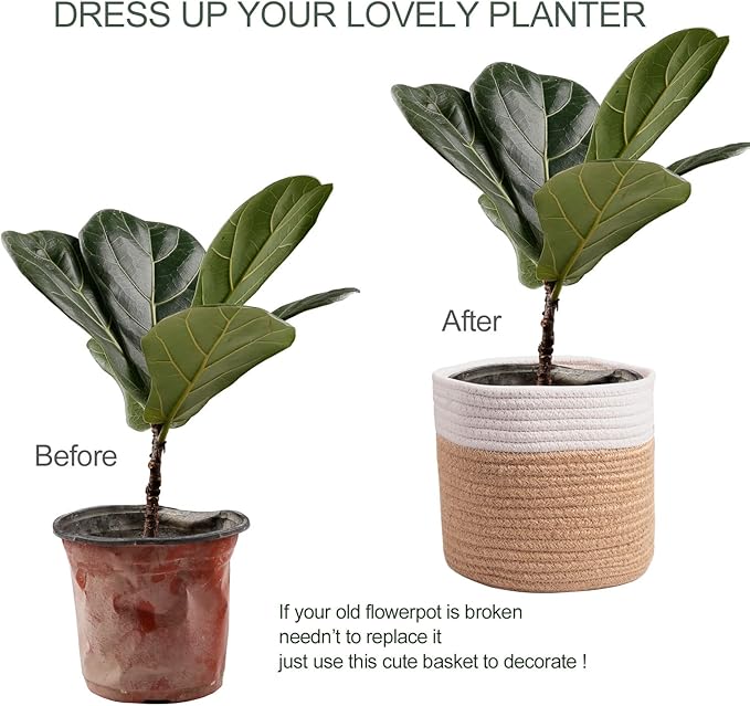 11" Cotton Rope Plant Basket Modern Woven Baskets for 10" Flower Pot Floor Indoor Planters,Storage Organizer Baskets Home Decor,Brown White 11"x 11"-Ruum Studio Home