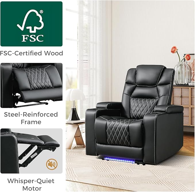 ANJ Power Recliner Chair with USB Port, Electric PU Leather Home Theater Seating for Living Room, Movie Reclining Chairs with Blue Ambient Lighting, Hidden Arm Storage, Cup Holders (Black)-Ruum Studio Home