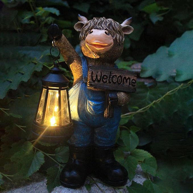 Solar Garden Statues -Highland Cow Lantern Outdoor Handmade Resin Statue with LED Light, and Welcome Holder for Patio, Yard, Gift Ideas (cow2)-Ruum Studio Home