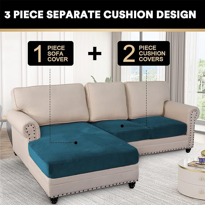 PrinceDeco Sectional Couch Covers 3 Pieces Velvet Sofa Covers L Shape Soft Couch Covers for Sectional Sofa Corner Sofa Cover Couch Cover for Dogs Washable (2 Seater + 1 Chaise,Deep Teal)-Ruum Studio Home