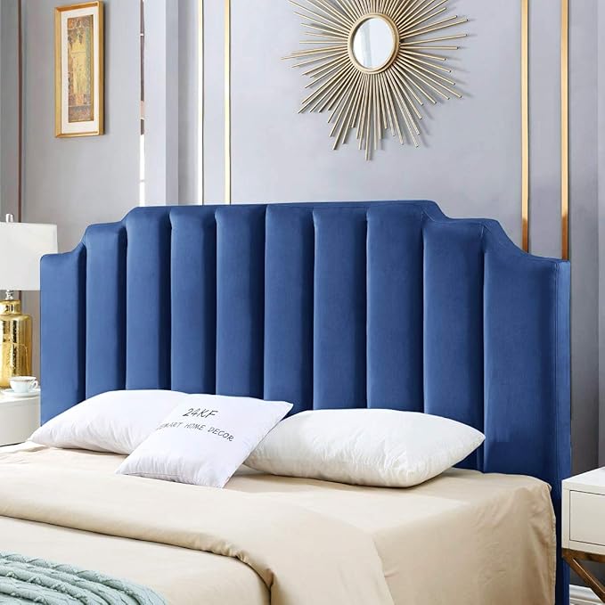 24KF Navy Blue Velvet Tufted King Upholstered Headboard, Modern Vertical Channel Design California King Headboard with Stepped Silhouette Top Edge, Navy Blue-Ruum Studio Home