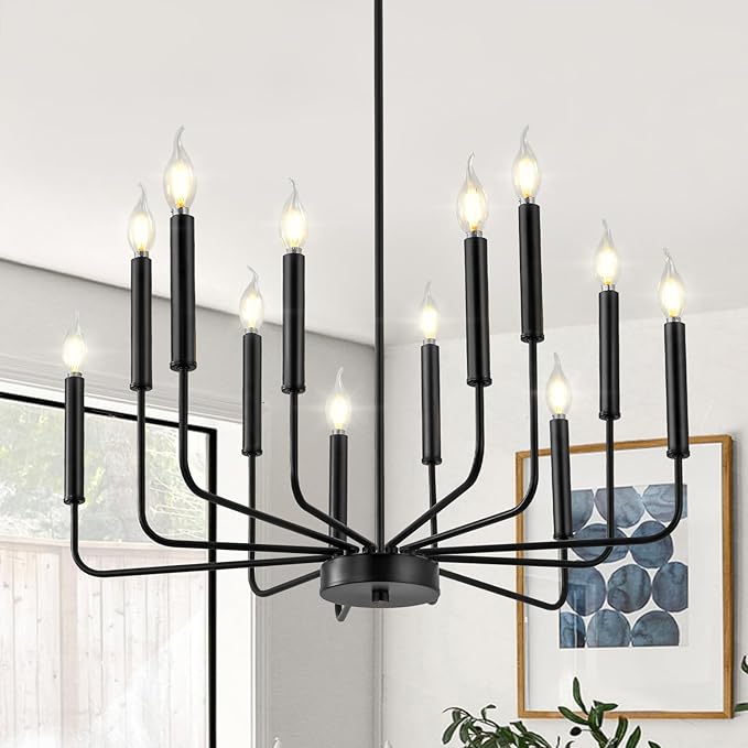 Modern Black Farmhouse Chandeliers, 12-Light Industrial Metal Chandelier Lighting, Classic Candle Hanging Pendant Light Fixtures for Living Room, Dining Room, Kitchen, Bedroom, Entryway-Ruum Studio Home