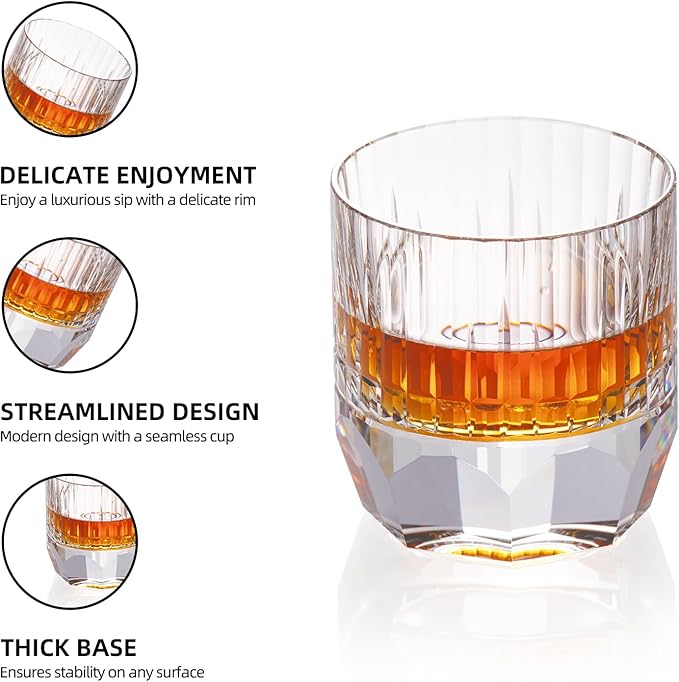 KAMMAK Crystal Whiskey Glasses Set of 2, 7.44oz Old Fashioned Glasses Stemless, Luxury Hand Blown White Cocktail Glasses, Handcrafted Cut Design Octagon Cup for Women, Men Gift for Bourbon-Ruum Studio Home