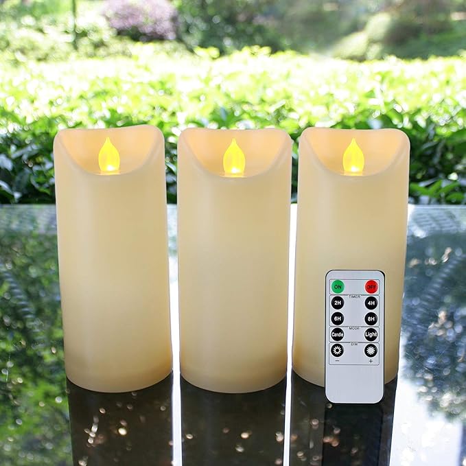 Homemory 3"x7" Outdoor Waterproof Flameless Candles with Timers and Remote Control, Battery Operated Candles, LED Plastic Candles, Ivory, Set of 3-Ruum Studio Home