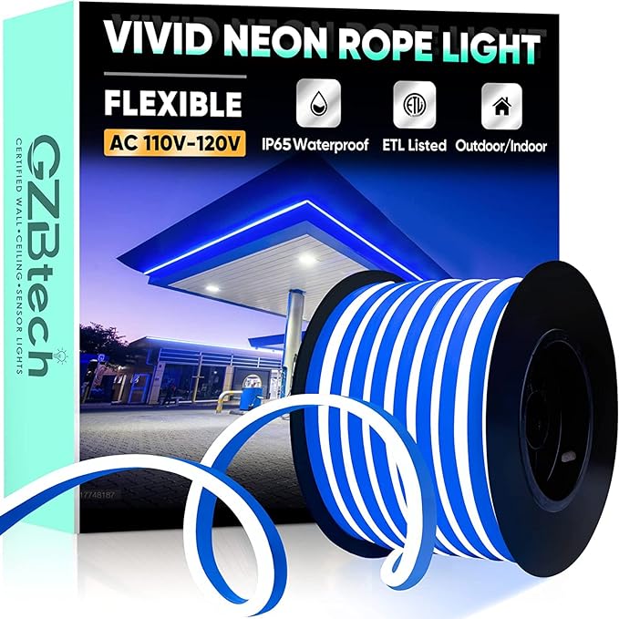 GZBtech Flexible LED Neon Rope Lights 66FT,AC 110-120V Waterproof Strip Light, 120 LEDs/M Cuttable Connectable Neon Lighting for Indoor Outdoor Home Decor/Commercial Building Use-Blue 20M-Ruum Studio Home