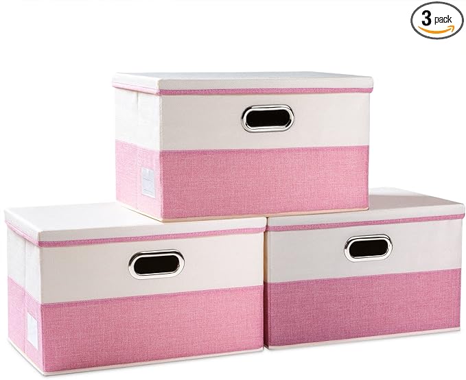 PRANDOM Large Collapsible Storage Bins with Lids [3-Pack] Fabric Foldable Storage Boxes Organizer Containers Baskets Cube with Cover for Home Bedroom Closet Office Pink&Cream(17.7x11.8x11.8)-Ruum Studio Home