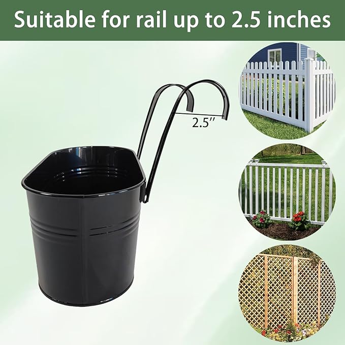 2 Pack Metal Hanging Planter for Outdoor Plants, 10 Inch Black Fence Planters Railing Pots for Garden Patio Balcony Decor, Flower Bucket with Detachable Hooks (Black, 2Pcs)-Ruum Studio Home