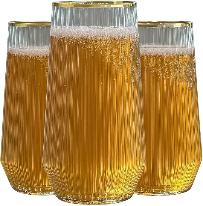 48 Pack Ribbed Ripple Stemless Toasting Glasses, Origami Durable 9 Oz BPA-Free Disposable Plastic Champagne Flutes for Weddings, Bars, Events, and Celebrations (Gold Rim)-Ruum Studio Home