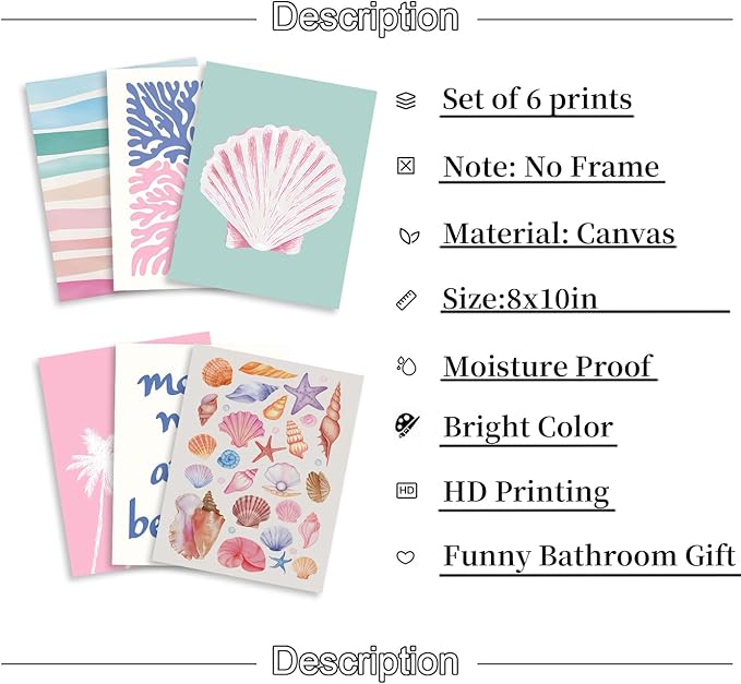 6 Pcs Coastal Beachy Wall Art Tropical Summer Shell Ocean Paintings Prints Posters Trendy Pink Preppy Palm Tree Canvas Wall Decor Aesthetic for Bedroom Living Room Dorm Apartment 8x10inch Unframed-Ruum Studio Home