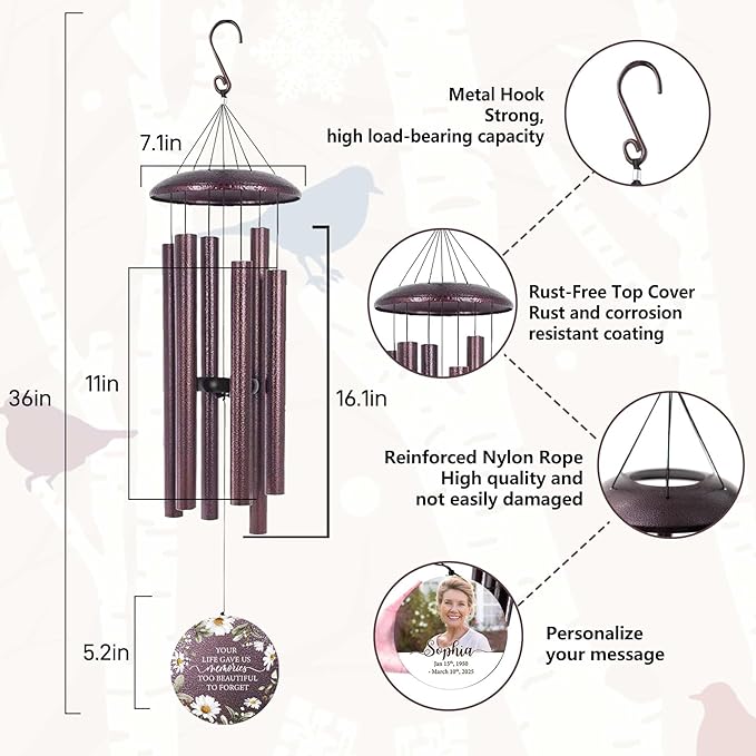 ASTARIN Personalized Deep Tone Wind Chime Memorial, Customized Sympathy Wind Chimes, Memory Wind Chimes for Loved Ones Lost, Bereavement Gifts Windchimes Outdoor-Ruum Studio Home