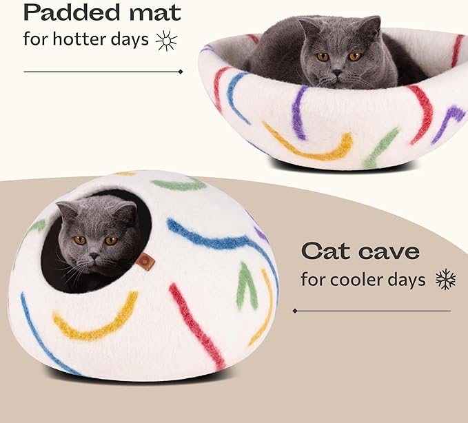 MEOWFIA Cat Cave – Premium Felt Cat Bed for Indoor Cats, Handmade 100% Merino Wool (Large, Ivory Rainbow)-Ruum Studio Home