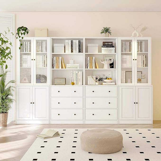TUSY 71" Bookshelf Bookcase, 3-Tier Modern Bookshelves 3 Large Drawer, Wood Filing Cabinet with Open Storage Shelf, Glass Doors 5-Tier Fixed Storage Shelves for Home Office-Ruum Studio Home