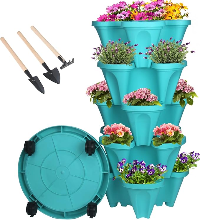 Vertical Planter 5 Tier Stackable Planters Garden Planters Strawberry Herb Flower and Vegetable Planter Indoor Outdoor Gardening Pots with Removable Wheels and Tools-Ruum Studio Home