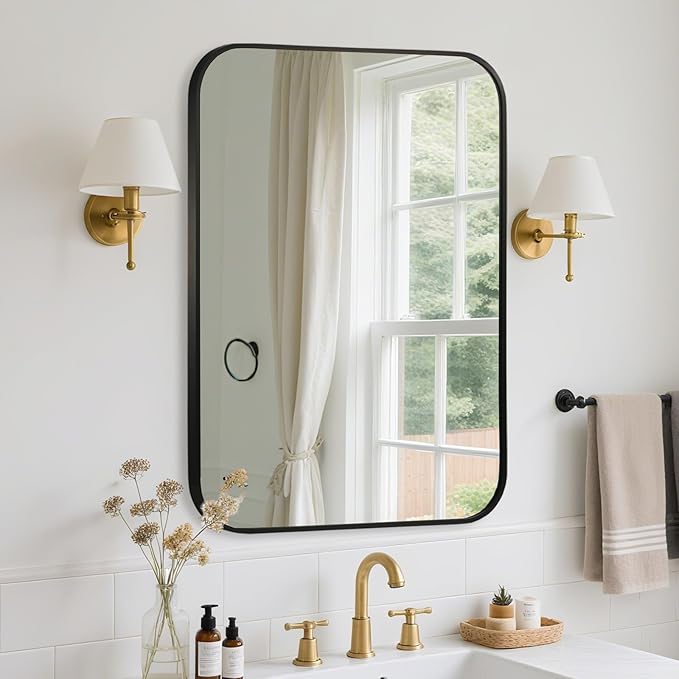 FARMER 20x30 Inch Black Bathroom Mirror, Rectangle Vanity Mirror, Brushed Mirrors for Wall, Metal Frame Hanging Mirror with Round Corner for Bedrooms, Entryways, Living Rooms, Horizontal/Vertical-Ruum Studio Home