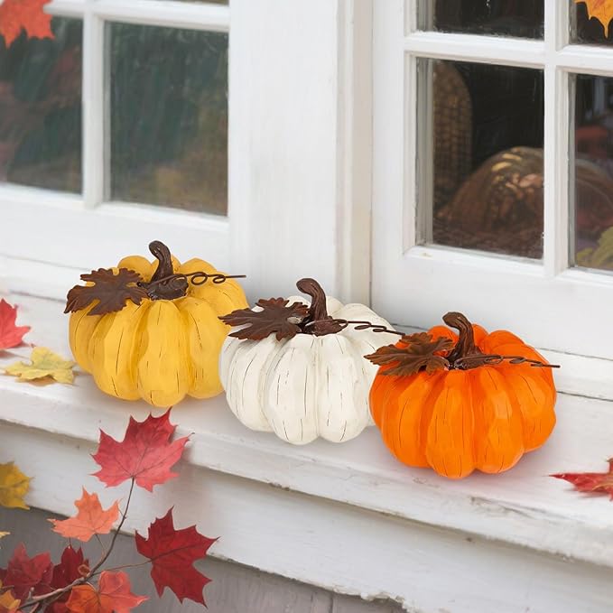 Large Pumpkin Decor Fall Decor, 3PCS Resin Pumpkins Thanksgiving Decorations with Metal Maple Leaf,5.9Inch Artificial Pumpkins for Home, Farmhouse, Mantel, Centerpiece Table Decorations-Ruum Studio Home