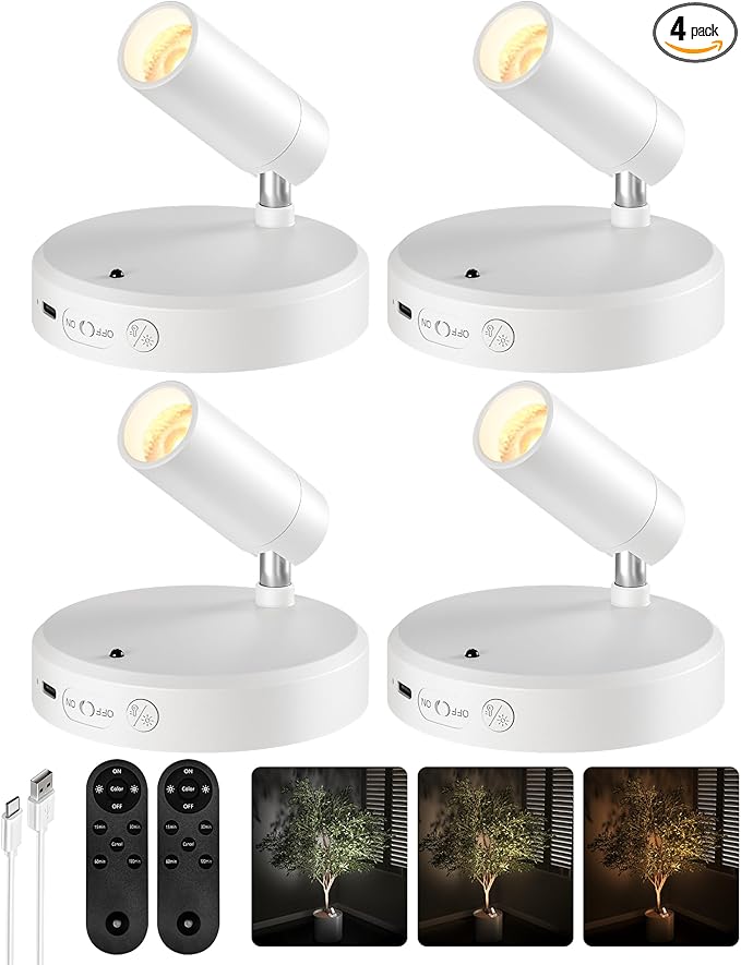 EZVALO Spot Lights Indoor,5500mAh Rechargeable Plants Spotlights with Remote,Wireless Mini Art Accent Spot Lights with Timer＆Dimmable, 3CCT, Uplights Indoor for Plants,Display,Artwork(4Pack-White)-Ruum Studio Home
