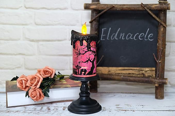Eldnacele Halloween Snow Globe Candles Lighted Lamp, Battery Operated Spinning Water Glittering Tornado Flameless Candles Table Centerpiece for Halloween Decoration Indoor(Ghost)-Ruum Studio Home