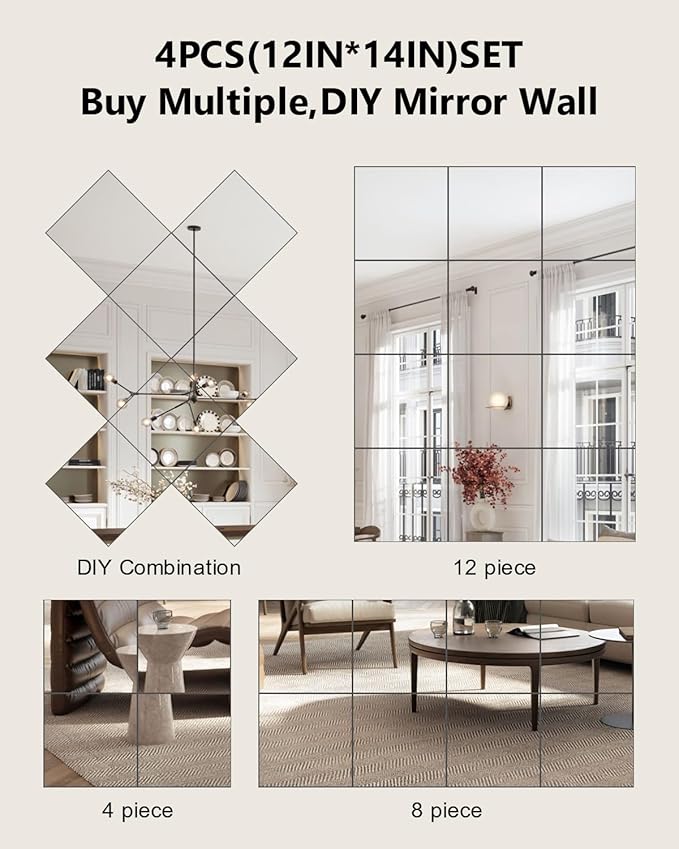 Full Length Wall Mirror Tiles, 12'' x 14'' x 4PCS, Acrylic Unbreakable Full Body Mirror for Bedroom Squares Shatterproof Mirror Sheets Wall Mounted for Home Gym Door-Ruum Studio Home