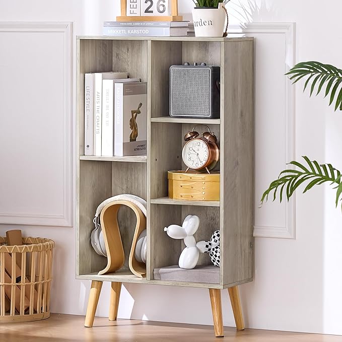 5 Cube Small Bookshelf,3 Tier Mid-Century Modern Bookcase with Legs,Wood Bookshelves Storage Organizer Shelf,Free Standing Narrow Book Shelves,Rustic Grey Corner Bookcases for Bedroom,Living Room-Ruum Studio Home