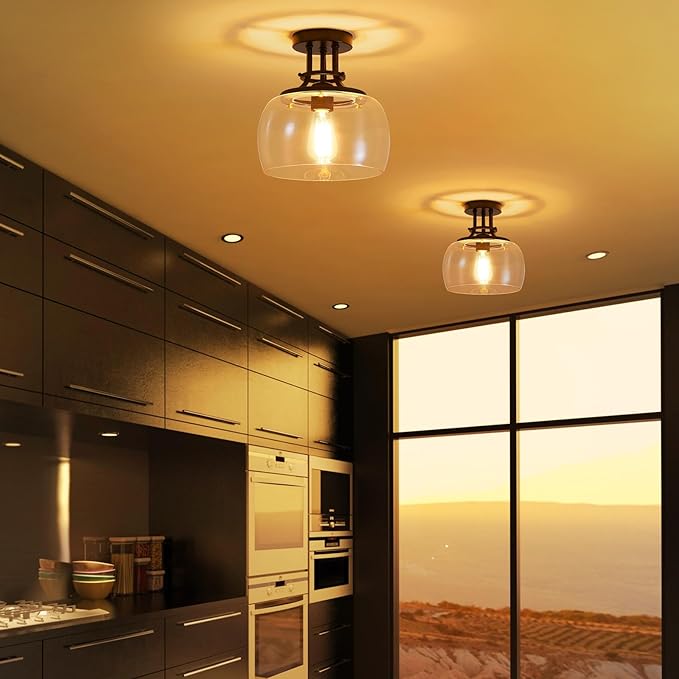 WUZUPS Chandelier Rustic Farmhouse Industrial Round Semi-flushmount Ceiling LED Light Fixture with Clear Glass Shades for Bathroom Kitchen Foyer Entryway, H 10" x W 10", E26 Base, Black-Ruum Studio Home