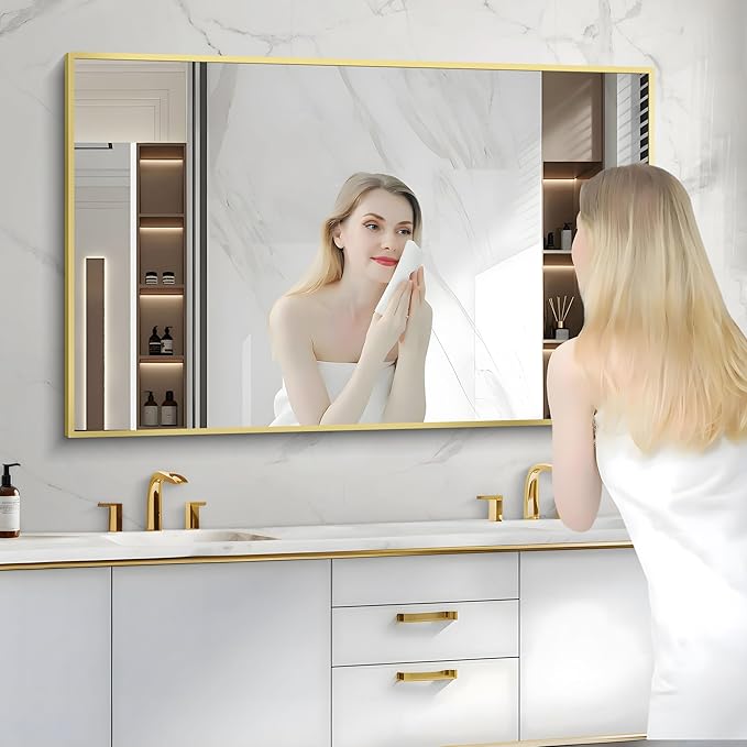 36x55inch Bathroom Mirror, Gold Rectangle Mirror with Thin Metal Frame, Large Rectangular Wall Mirror for Bathroom, Living Room, Hair Salon, Big Farmhouse Mirror Hang Horizontal/Vertical-Ruum Studio Home